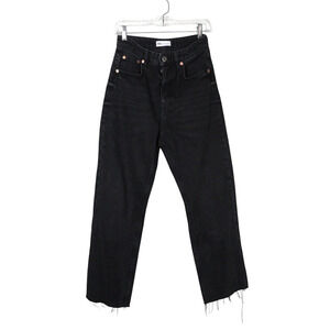 Zara Black Wash Straight Cropped Leg Distressed Hem Button Fly Jeans Sz 4 EUC